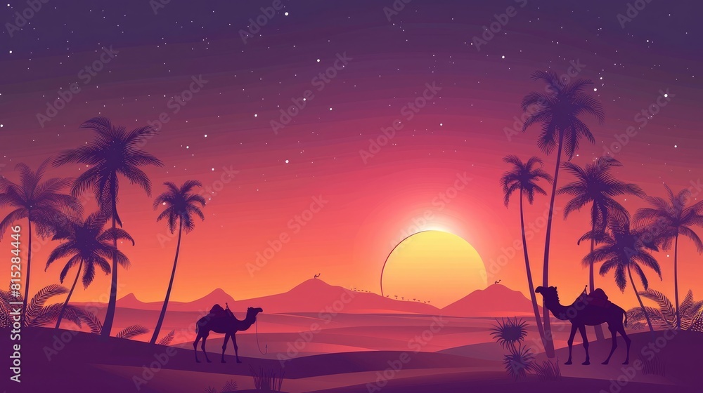 flat design illustration the desert at sunset with silhouette of palm trees and camels. ramadan kareem holiday celebration concept realistic