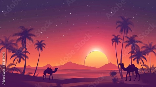 flat design illustration the desert at sunset with silhouette of palm trees and camels. ramadan kareem holiday celebration concept realistic