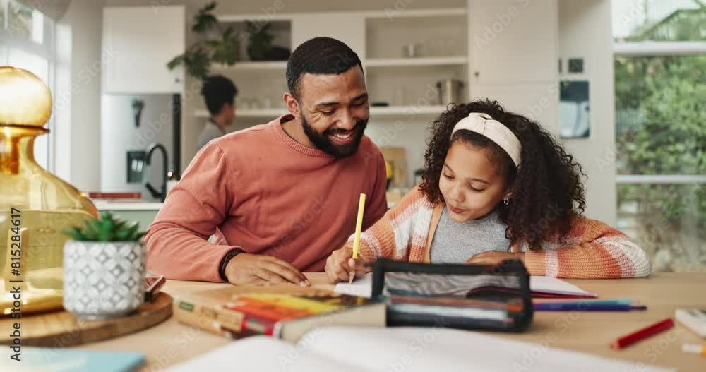 Father, daughter and homework at table with high five for teamwork, learning or studying for knowledge. Man, girl or house with school work or help for education, celebrate or hands together for goal Father, daughter and homework at table with high five for teamwork, learning or studying for knowledge. Man, girl or house with school work or help for education, celebrate or hands together for goal