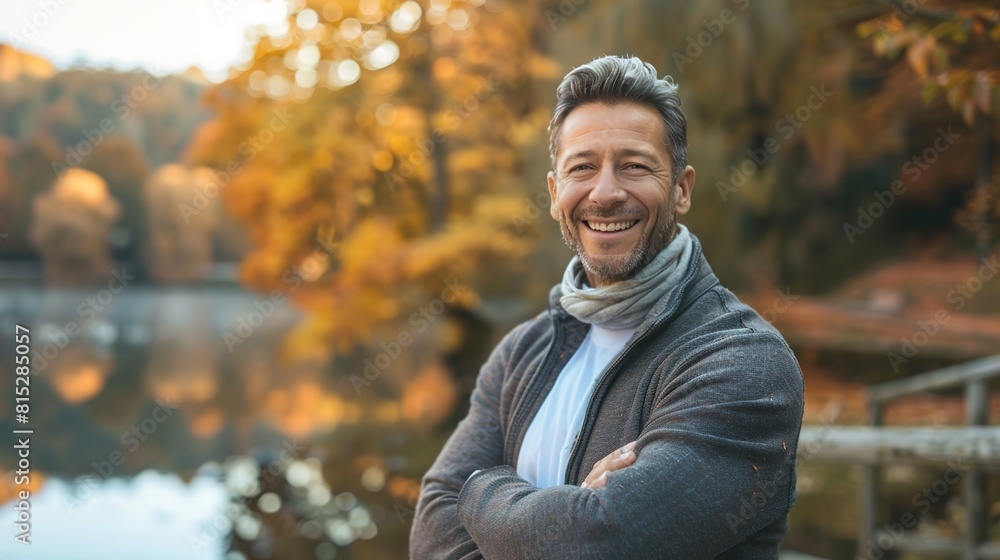 Grinning American entrepreneur radiating positivity, with a backdrop of a tranquil lakeside scene dotted with colorful autumn foliage Grinning American entrepreneur radiating positivity, with a backdrop of a tranquil lakeside scene dotted with colorful autumn foliage