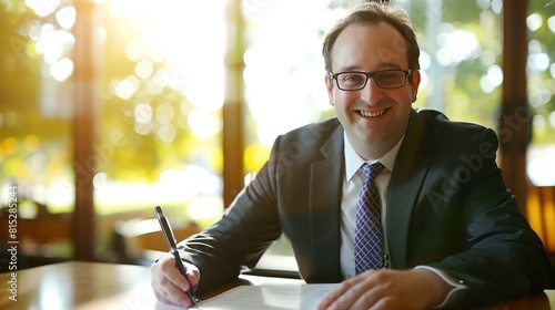 Happy American executive smiling while signing a contract on a white page, set against a backdrop of sunny goldenrod yellow photo