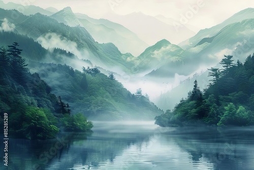 serene misty morning in the japanese mountains with lush green forests and a tranquil river digital painting