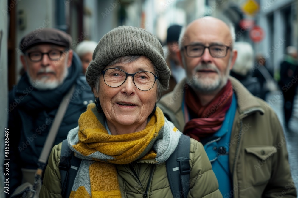 Portrait of a senior couple walking on the street in the city. Portrait of a senior couple walking on the street in the city.