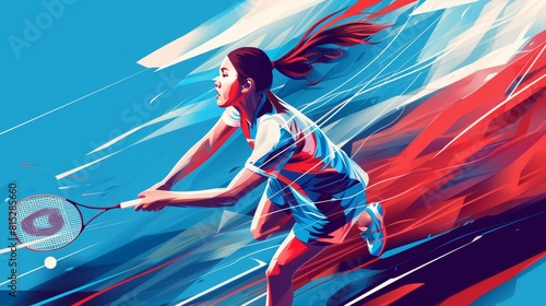 Paris olympic badminton illustration in red, blue, and white, sports event representation © Yevhen