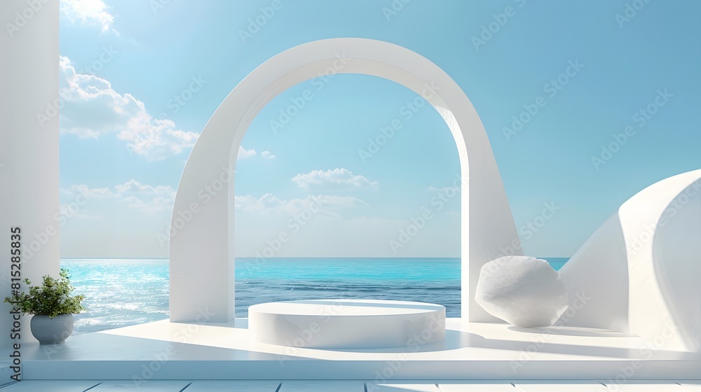 Scene with geometrical forms, arch with a podium in natural daylight. Sea view. Summer scene. 3D render background