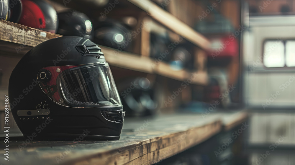 Obraz premium Black motorcycle helmet on wooden shelf in garage workshop