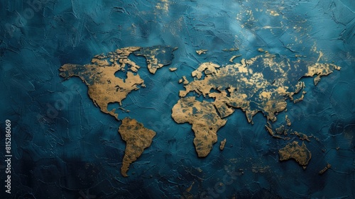 Artistic world map with gold continents on blue textured background