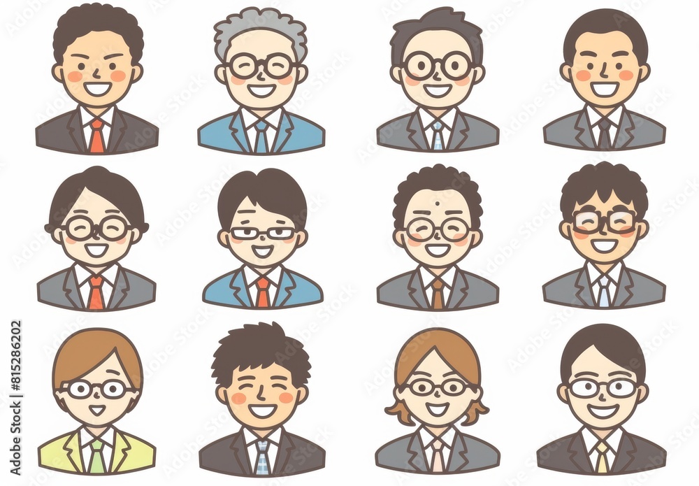 A set of icons featuring Japanese office workers in business suits, wearing glasses and smiling. A set of icons featuring Japanese office workers in business suits, wearing glasses and smiling.