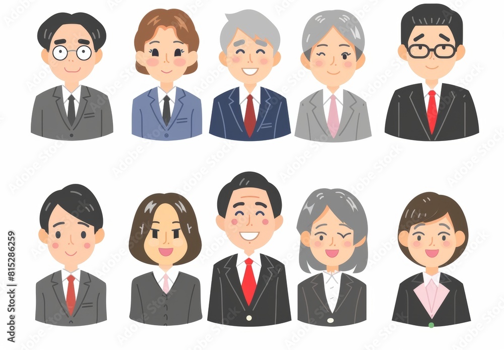 A set of icons featuring Japanese office workers in business suits, wearing glasses and smiling. A set of icons featuring Japanese office workers in business suits, wearing glasses and smiling.