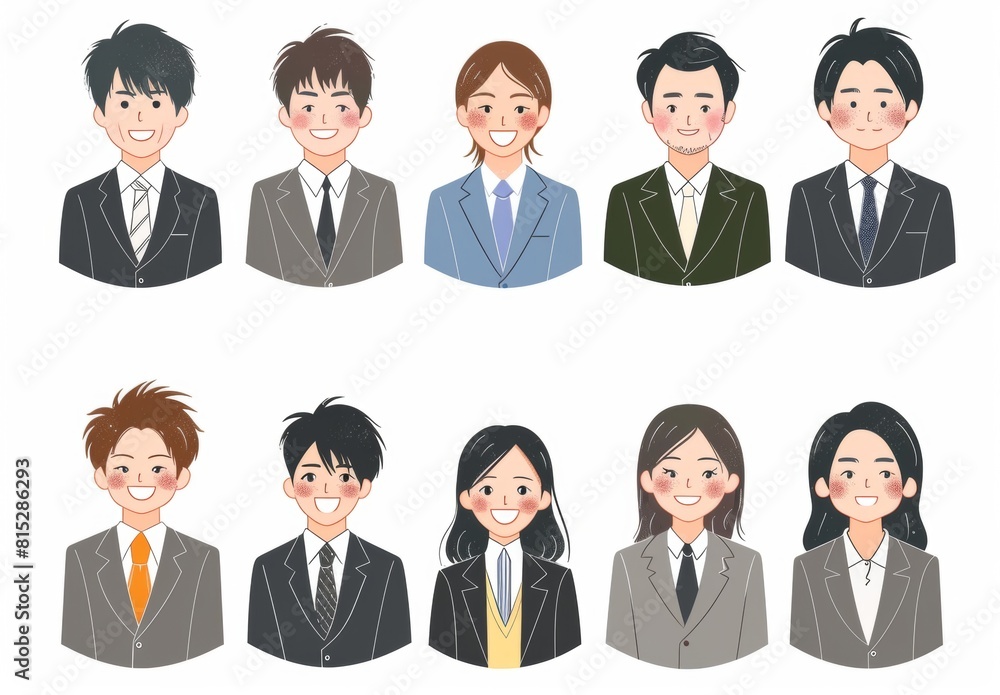 A set of icons featuring Japanese office workers in business suits, wearing glasses and smiling. A set of icons featuring Japanese office workers in business suits, wearing glasses and smiling.