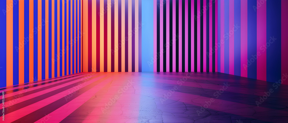 A room with a long wall of colorful stripes. The stripes are in different colors and are arranged in a way that they seem to be moving. The room has a futuristic and vibrant feel to it