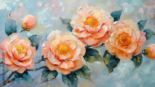 Soft peach camellias with bold yellow centers