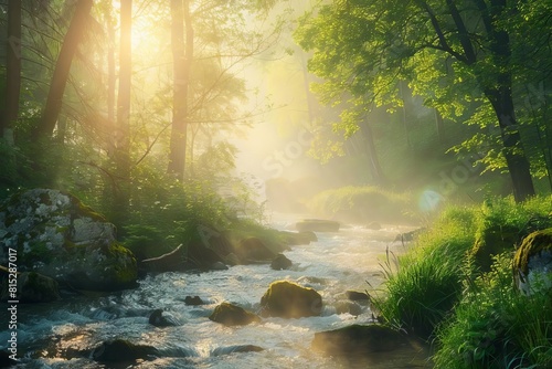 tranquil mountain stream in misty morning light serene landscape with lush greenery