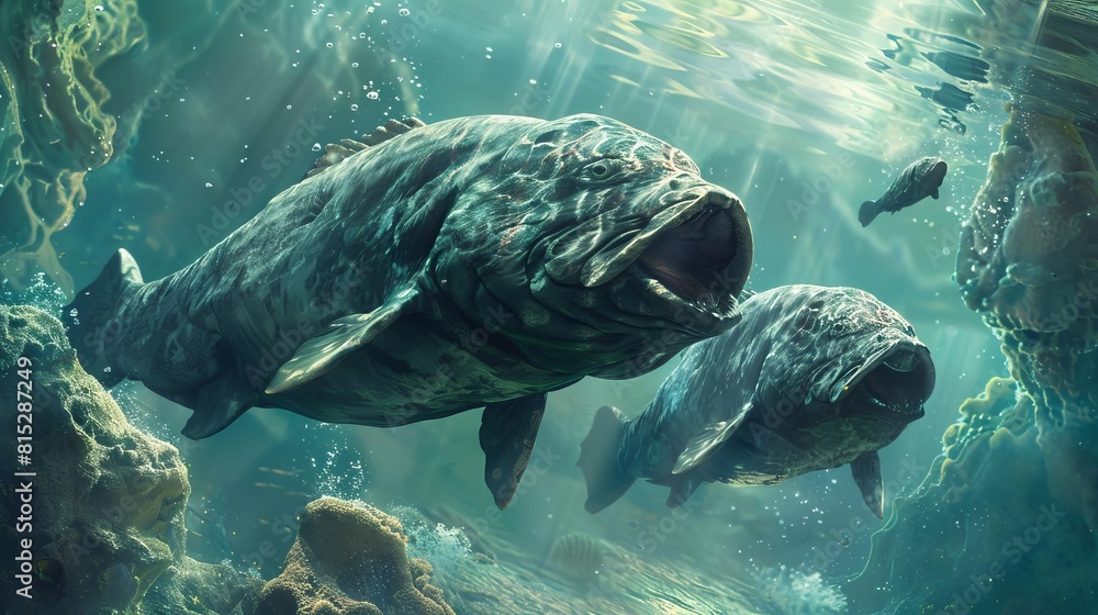 Fototapeta premium Visualize a group of coelacanths in a serene underwater setting, highlighting their prehistoric features
