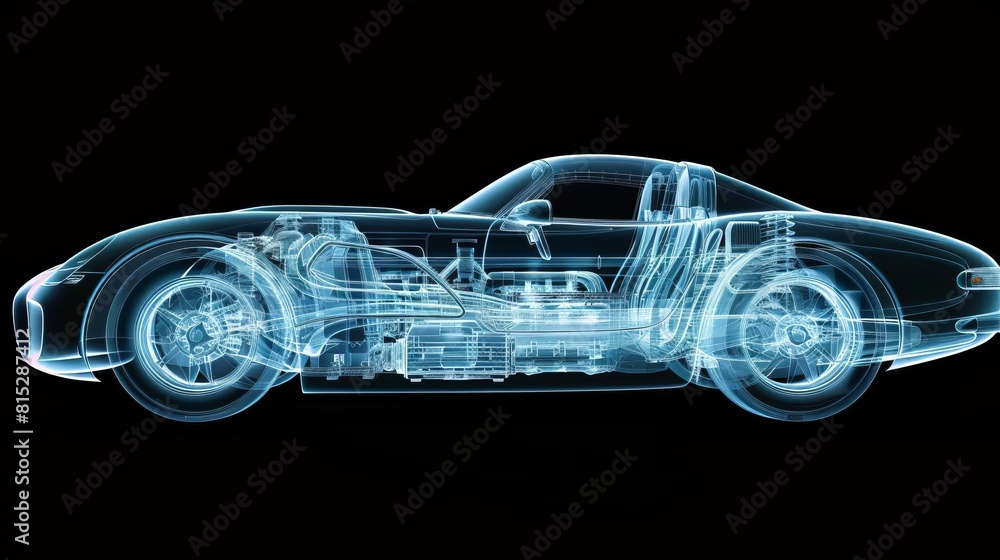 Visualize a roadster under an xray, revealing the complexity of its electrical systems and frame structure Visualize a roadster under an xray, revealing the complexity of its electrical systems and frame structure