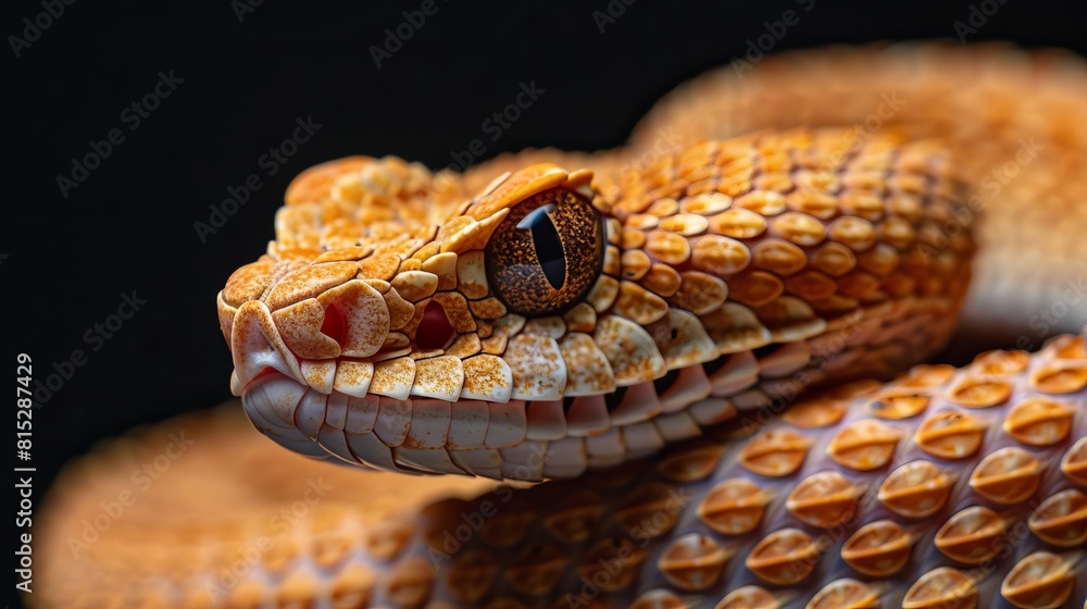 Fototapeta premium Visualize a rattlesnake in a striking pose, on a pure black background, with a horizontal layout for banner use and copy space