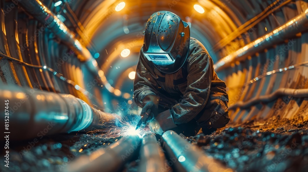 Visualize a solitary welder in a reflective mask, focusing intently on welding a pipeline inside a construction tunnel Visualize a solitary welder in a reflective mask, focusing intently on welding a pipeline inside a construction tunnel