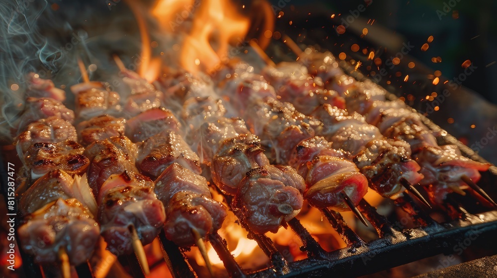 Grilling succulent raw pork skewers over an open flame on the grill capturing the essence of preparing shish kebabs over hot coals The focus is selectively soft with a shallow depth of fiel