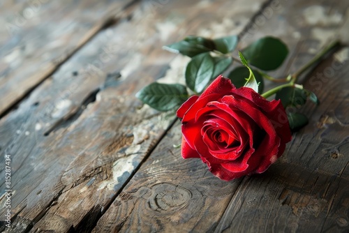 vibrant red rose on rustic wooden surface soft natural light still life photography