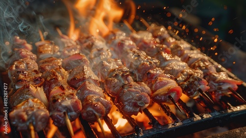 Grilling succulent raw pork skewers over an open flame on the grill capturing the essence of preparing shish kebabs over hot coals The focus is selectively soft with a shallow depth of fiel photo