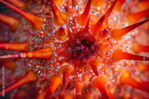 vibrant red sea urchin with spiky texture underwater macro photography marine life detail