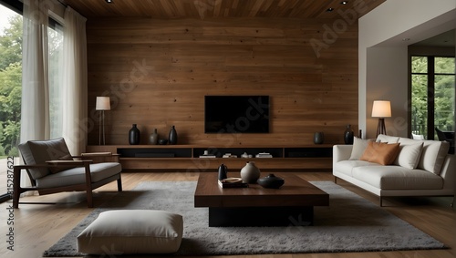  Interior stylish modern living room decor with cozy wooden tone, contemporary home with comfortable sofa ai_generated
