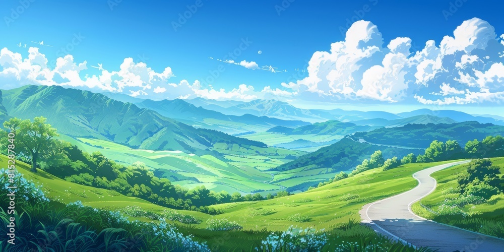 Digital Painting of Endless road ahead bordered by rolling green hills and distant clouds, leading to mysterious destinations amidst vast skies.