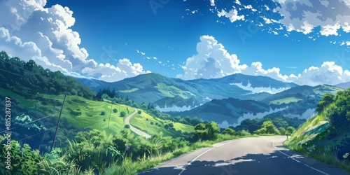 Digital Painting of Endless road ahead bordered by rolling green hills and distant clouds, leading to mysterious destinations amidst vast skies.
