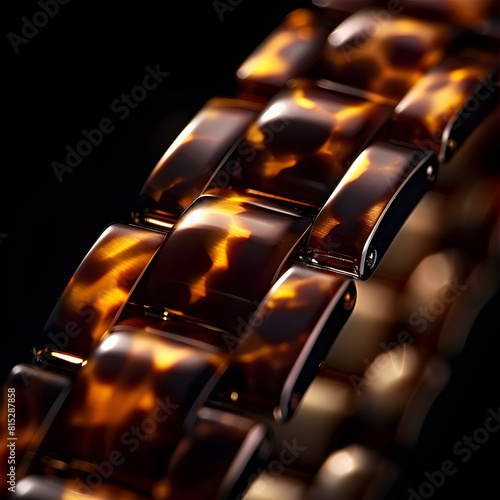 A close up of a brown and gold bracelet with a tiger print. The bracelet is made of metal and has a unique design photo