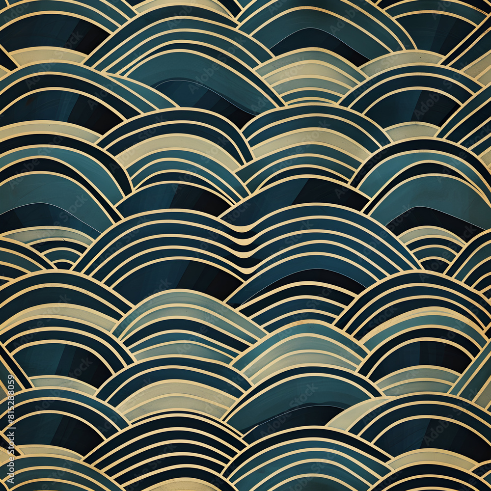 A blue and gold patterned wallpaper with a mountain range. The pattern is very intricate and the colors are bold. The wallpaper has a sense of depth and movement A blue and gold patterned wallpaper with a mountain range. The pattern is very intricate and the colors are bold. The wallpaper has a sense of depth and movement