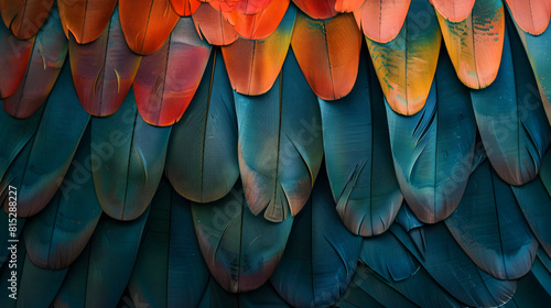 A colorful display of feathers, with a mix of blue, red, and green hues. The feathers are arranged in a way that creates a sense of movement and depth, as if they are fluttering in the wind