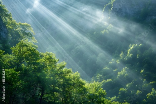 Sunlight Filters Through Trees in the Mountains