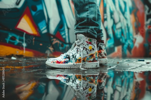 A stylish streetwear scene showcasing a person wearing custom hand-painted sneakers with graffiti-style artwork photo