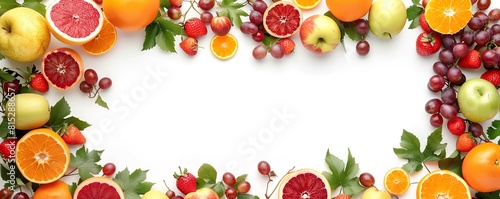 Horizontal fruits border in a flat layout design on white © Arbystudio