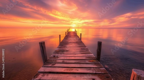 Wooden pier at sunset with vibrant sky - A serene sunset view with a wooden pier leading out into a calm body of water under a colorful sky