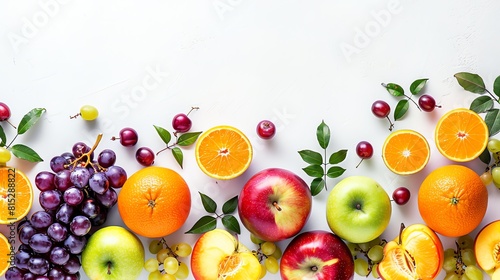 Mouthwatering fruits border in a flat layout on white background