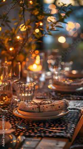 A table with a white plate and a napkin on it. The napkin is folded and has a star on it. The table is set for a fancy dinner © tracy