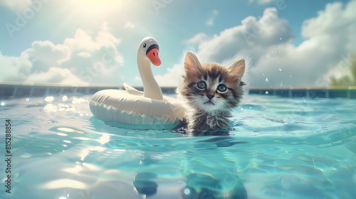 a photo of a realistic kitten that wears swimming suit with ruffles is swimming with a swan floatie in a pool. Sunny day. photo