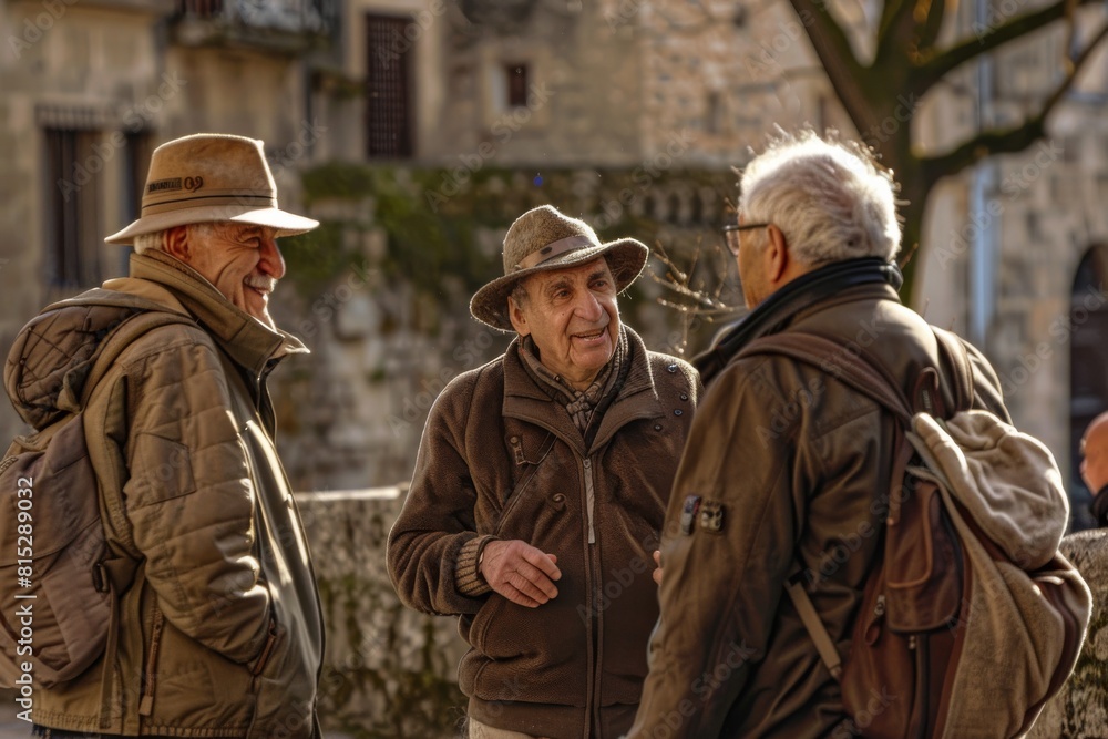 Two senior men talking on the street in the old town of Paris, France