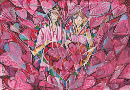 Abstract art couple love valentine day series two design by hand acrylic color painting on canvas.