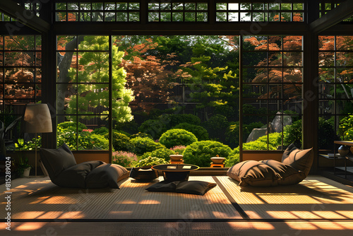 Japanese zen garden room with sunlight coming through the open window