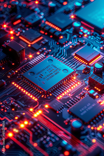 Detailed red and blue circuit board technology - An image showcasing a detailed view of a red and blue electronic circuit board with multiple components and connectors