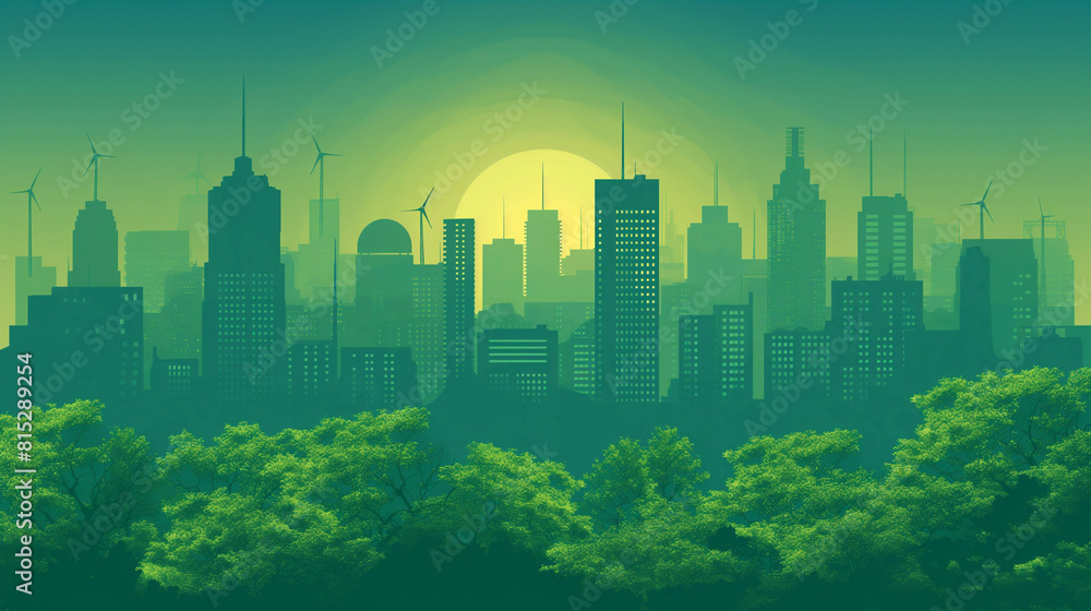 Fototapeta premium Renewable energy and city landscape silhouette.