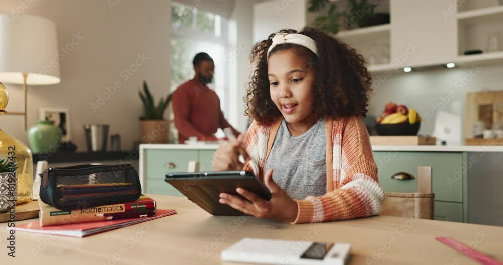Girl, tablet and pen in kitchen for drawing with child development or creative with digital art. Homeschooling, smile and assignment with educational resources for modern learning with interaction. Girl, tablet and pen in kitchen for drawing with child development or creative with digital art. Homeschooling, smile and assignment with educational resources for modern learning with interaction.