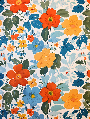 A colorful floral print on a white background. The flowers are bright and cheerful  with a mix of blue  yellow  and red hues. Scene is one of happiness and positivity  as the bright colors