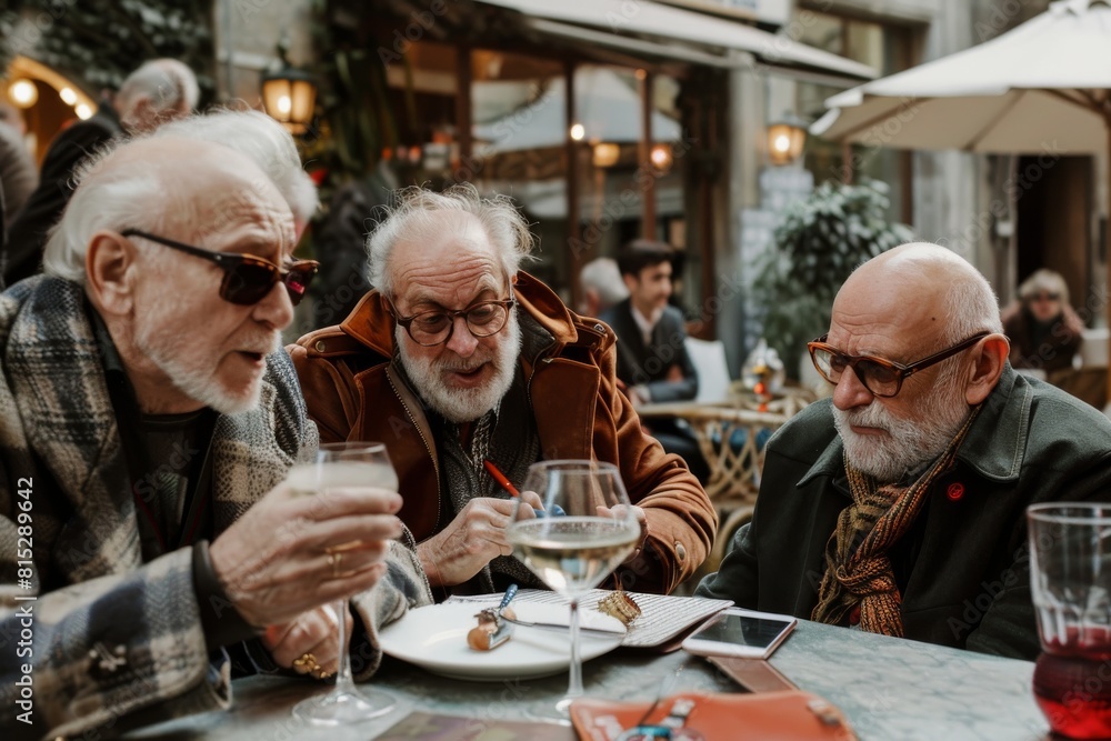 Three senior men sitting at the table in a cafe and drinking wine. Three senior men sitting at the table in a cafe and drinking wine.