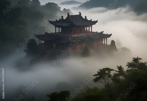 ancient temple surrounded by mist  generative AI