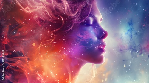 beautiful fantasy abstract portrait of a beautiful woman double exposure with a colorful digital paint splash or space nebula