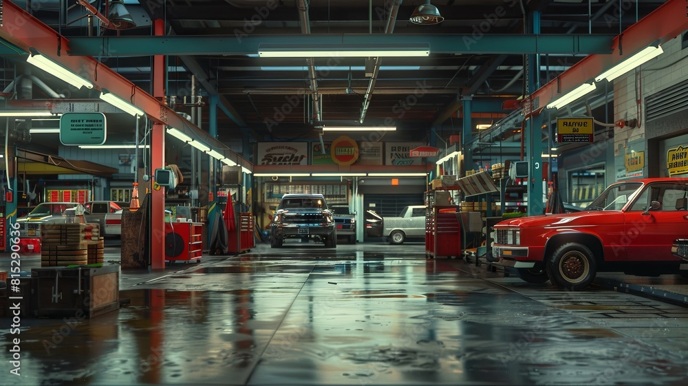 Detailed image of a vintage car garage - This image showcases a vintage car garage scene with a nostalgic ambiance and attention to detail