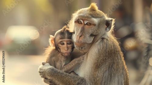 A mother monkey and her baby were spotted in the street where the little one was happily nursing straight from her mother s breast